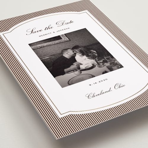 This is a mahogany petite save the dates with foil pressed by Emily Betts called lines frame printing on recycled smooth signature in petite