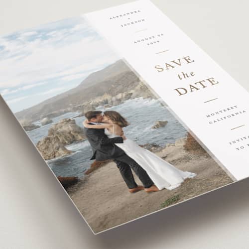 This is a chiffon petite save the dates with foil pressed by Ashley Rosenbaum called effortless printing on recycled smooth signature in petite