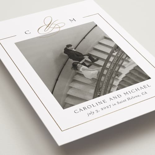 This is a silk petite save the dates with foil pressed by Kelly Schmidt called framed monogram printing on recycled smooth signature in petite