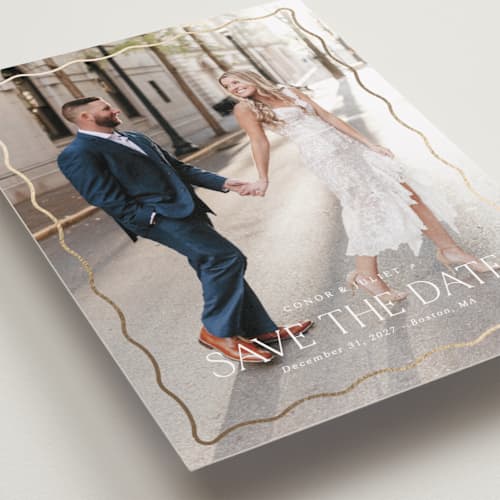 This is a cloud petite save the dates with foil pressed by Kaydi Bishop called scalloped border printing on recycled smooth signature in petite