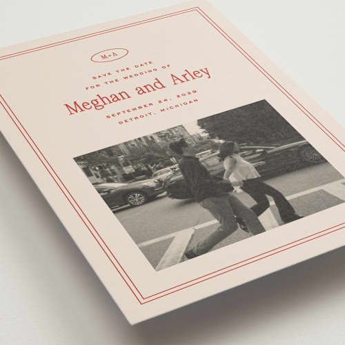 This is a cherry petite save the dates with standard by Ellen Schlegelmilch called cherry printing on recycled smooth signature in petite