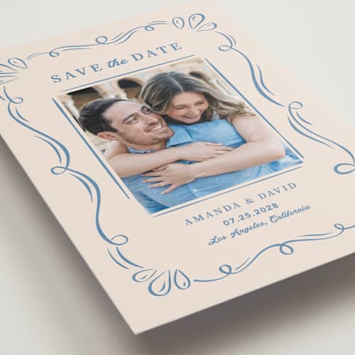 This is a dusty blue petite save the dates with standard by Lucia Saisse called happy day printing on recycled smooth signature in petite