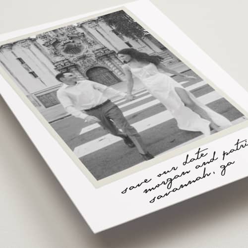 This is a ivory petite save the dates with standard by Maja Cunningham called venecia printing on recycled smooth signature in petite