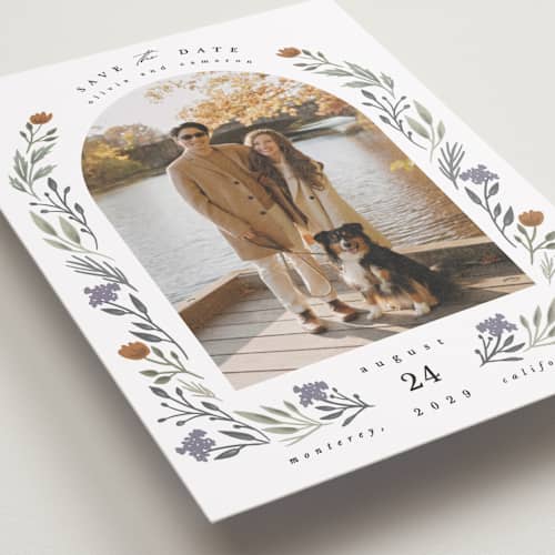 This is a rust petite save the dates with standard by Hannah Williams called floral arch printing on recycled smooth signature in petite