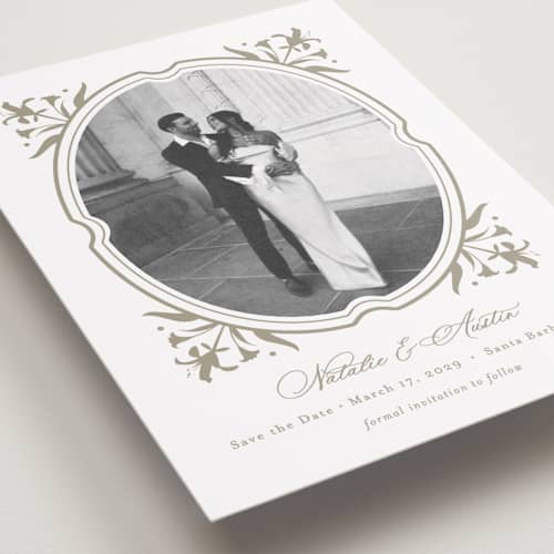 This is a paris rain petite save the dates with standard by Jennifer Postorino called calia printing on recycled smooth signature in petite