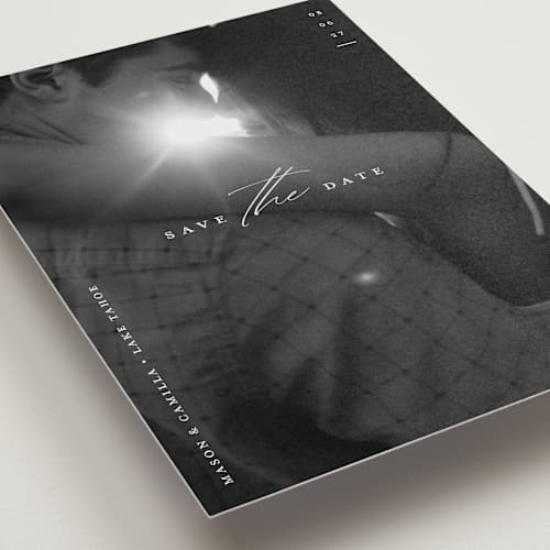 This is a pearl petite save the dates with standard by Christie Garcia called focal printing on recycled smooth signature in petite