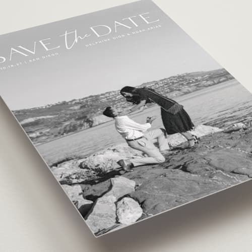 This is a moonstone petite save the dates with standard by Olivia Raufman called breathtaking printing on recycled smooth signature in petite