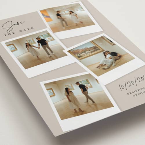 This is a dune petite save the dates with standard by Kerry Doyle called instant elegance printing on recycled smooth signature in petite