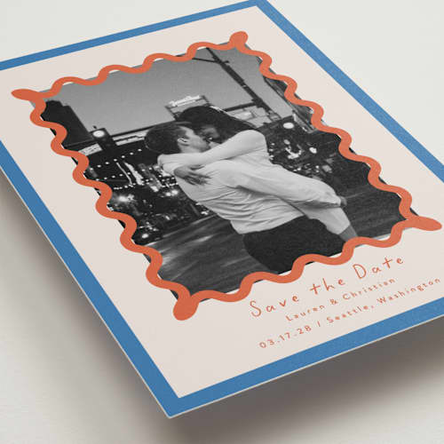 This is a papaya petite save the dates with standard by Blustery August called party squiggle printing on recycled smooth signature in petite