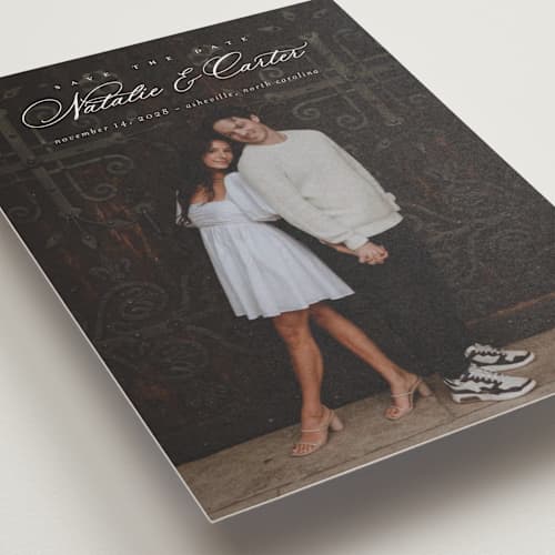 This is a sugar petite save the dates with standard by Jessica Williams called tranquil printing on recycled smooth signature in petite