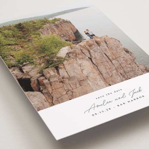 This is a snow petite save the dates with standard by Kaydi Bishop called composition printing on recycled smooth signature in petite