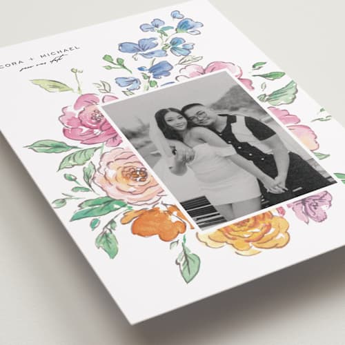 This is a vibrance press petite save the dates with standard by Itsy Belle Studio called floral pop printing on recycled smooth signature in petite