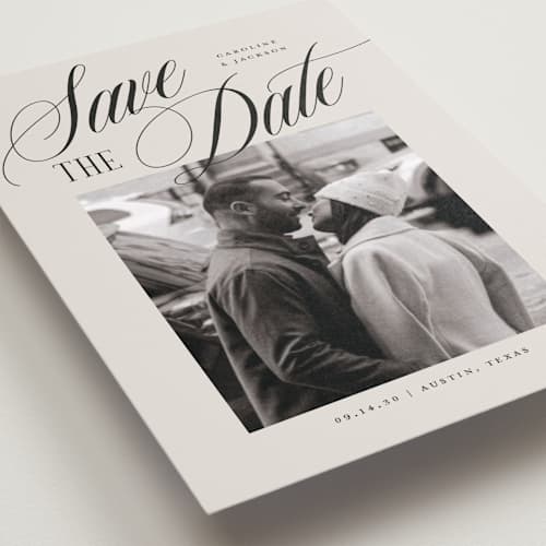This is a buttercream petite save the dates with standard by Jessica Williams called belmont printing on recycled smooth signature in petite