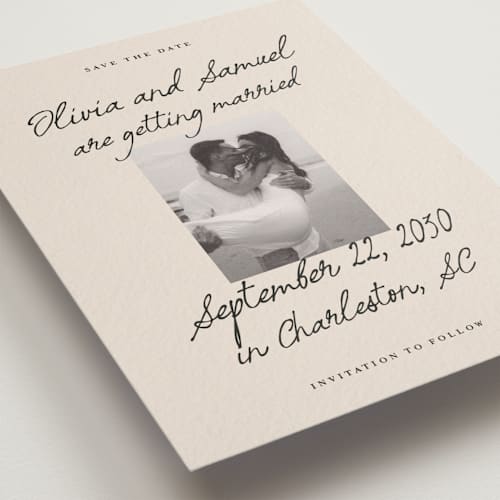 This is a linen petite save the dates with standard by Kercia Jane called written in love printing on recycled smooth signature in petite