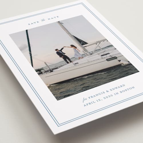This is a ocean petite save the dates with standard by Carolyn MacLaren called boathouse printing on recycled smooth signature in petite