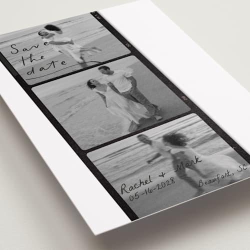 This is a onyx petite save the dates with standard by Sarah Mraz called filmstrip printing on recycled smooth signature in petite