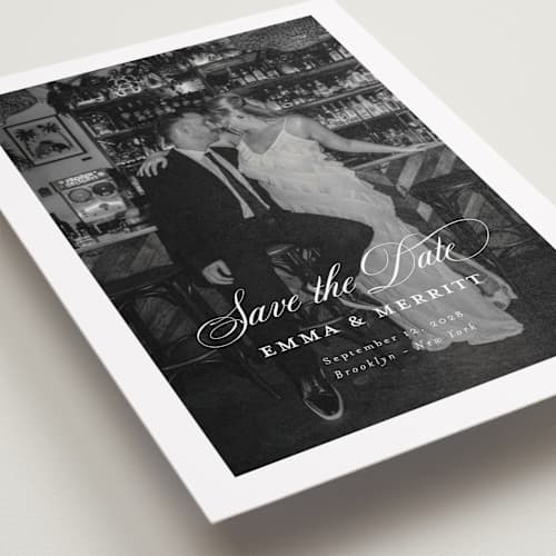 This is a ivory petite save the dates with standard by Benita Crandall called the classic printing on recycled smooth signature in petite