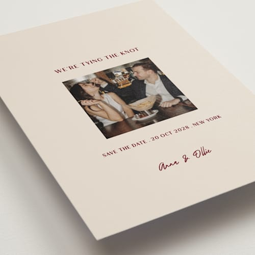 This is a burgundy petite save the dates with standard by Ani Somi called center cut printing on recycled smooth signature in petite