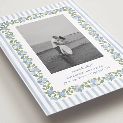 This is a ocean petite save the dates with standard by Creo Study called pillowy border printing on recycled smooth signature in petite