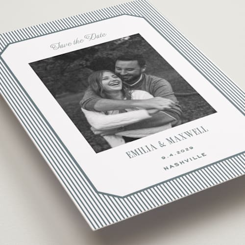 This is a capri petite save the dates with standard by Emily Betts called modern stripes printing on recycled smooth signature in petite