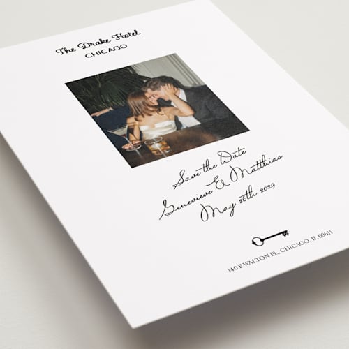 This is a ivory petite save the dates with standard by Studio Suku called hotel printing on recycled smooth signature in petite