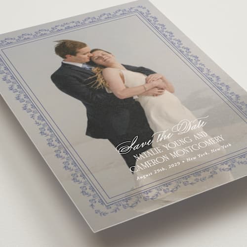 This is a cerulean petite save the dates with standard by Jenna Holcomb called embroidered printing on recycled smooth signature in petite