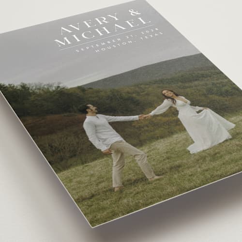 This is a ivory petite save the dates with standard by Juneau Designs called hold tight printing on recycled smooth signature in petite