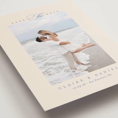 This is a wave petite save the dates with standard by Creo Study called aristocratic printing on recycled smooth signature in petite