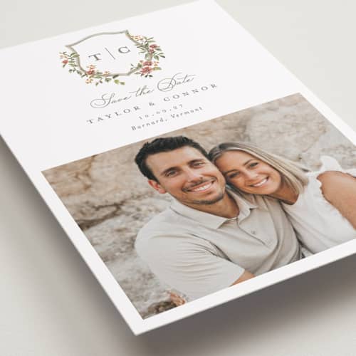 This is a mulberry petite save the dates with standard by Everett Paper Goods called foliage crest printing on recycled smooth signature in petite