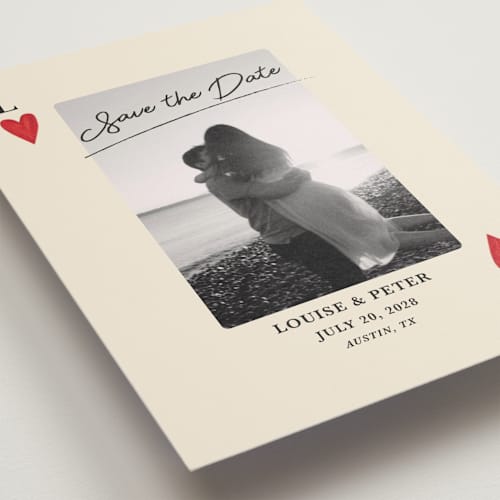 This is a champagne petite save the dates with standard by Helena Vitto called red hearts printing on recycled smooth signature in petite