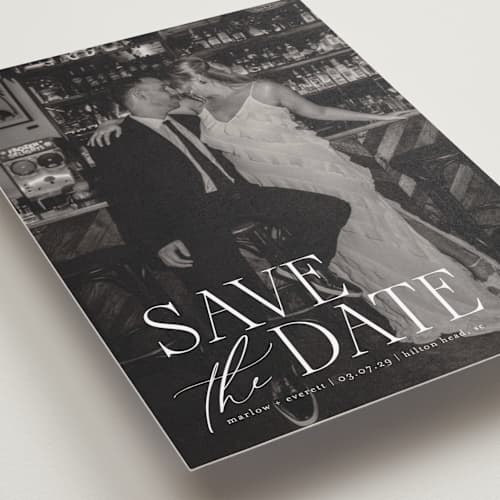 This is a silk petite save the dates with standard by Kelly Schmidt called scripted initials printing on recycled smooth signature in petite