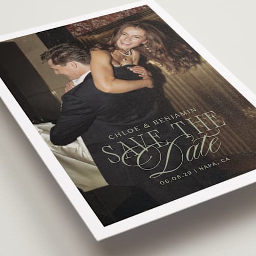 This is a moss petite save the dates with standard by Kelly Schmidt called woods printing on recycled smooth signature in petite