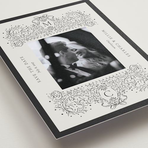 This is a latte petite save the dates with standard by Jackie Crawford called ornate sketched frame printing on recycled smooth signature in petite