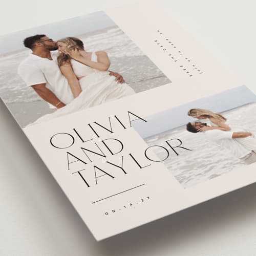 This is a linen petite save the dates with standard by Kelly Schmidt called overlapping printing on recycled smooth signature in petite