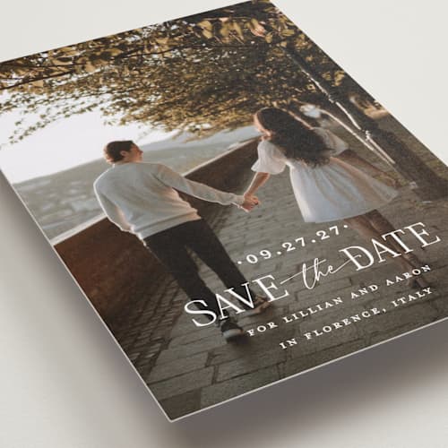 This is a powder petite save the dates with standard by Carolyn MacLaren called together forever printing on recycled smooth signature in petite