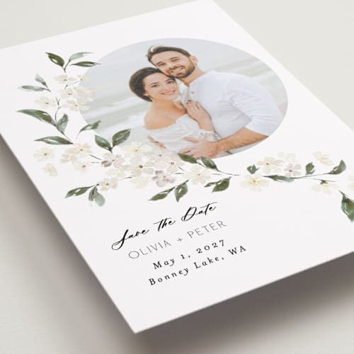 This is a porcelain petite save the dates with standard by Itsy Belle Studio called sweeping vine printing on recycled smooth signature in petite