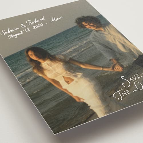 This is a moonstone petite save the dates with standard by Creo Study called slanted printing on recycled smooth signature in petite