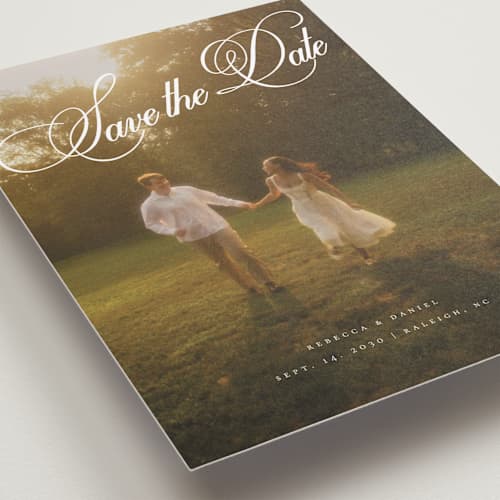 This is a porcelain petite save the dates with standard by Orasie called vintage elegant printing on recycled smooth signature in petite