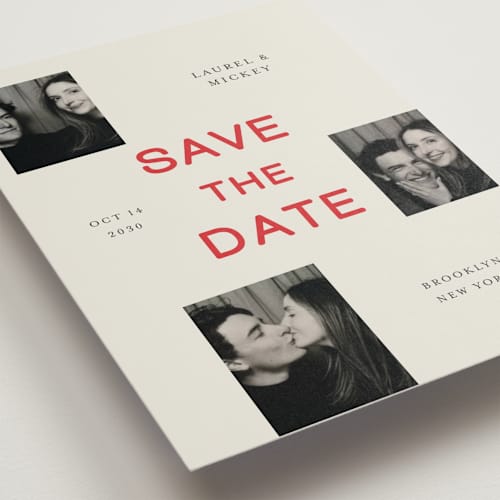This is a poppy petite save the dates with standard by Studio Suku called little snapshots printing on recycled smooth signature in petite