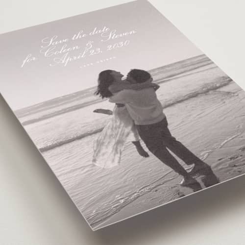 This is a ice petite save the dates with standard by chocomocacino called wakayu printing on recycled smooth signature in petite
