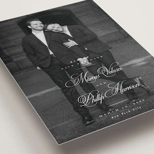 This is a newspaper petite save the dates with standard by Lea Delaveris called grand printing on recycled smooth signature in petite