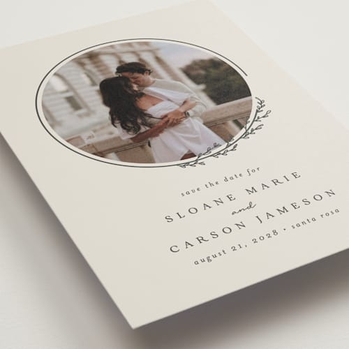 This is a almond petite save the dates with standard by Brianne Larsen called branched printing on recycled smooth signature in petite