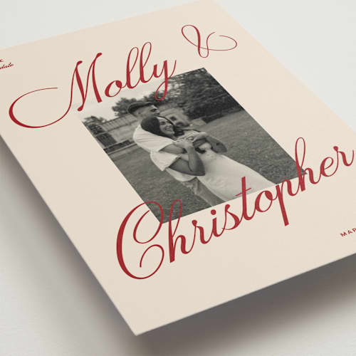 This is a burgundy petite save the dates with standard by Ellen Schlegelmilch called vintage cinema printing on recycled smooth signature in petite
