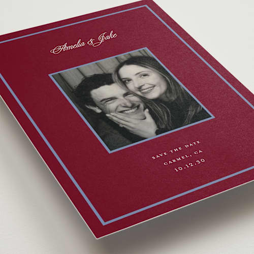 This is a cardinal petite save the dates with standard by Laura Vuletic called orion printing on recycled smooth signature in petite