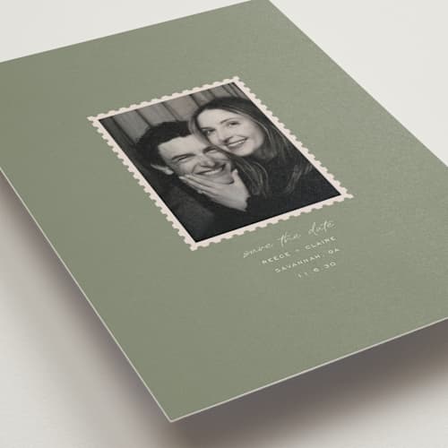This is a sage petite save the dates with standard by Sierra Lee called post printing on recycled smooth signature in petite