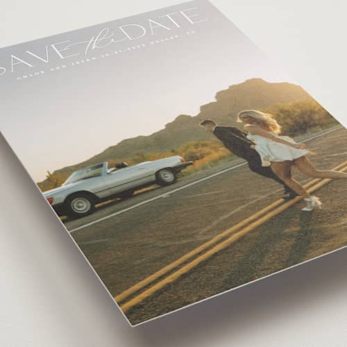 This is a ivory petite save the dates with standard by Maja Cunningham called prose printing on recycled smooth signature in petite