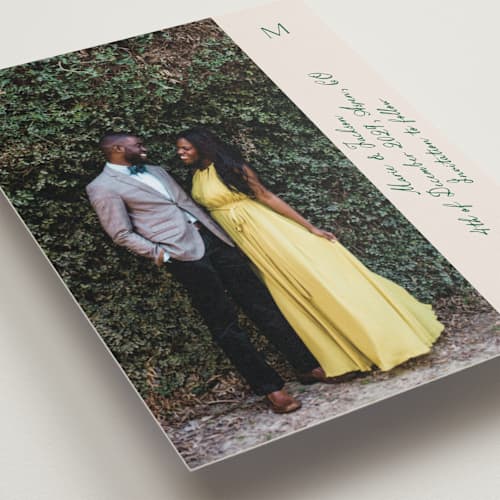 This is a ivory petite save the dates with standard by Petra Kern called simple scripty printing on recycled smooth signature in petite