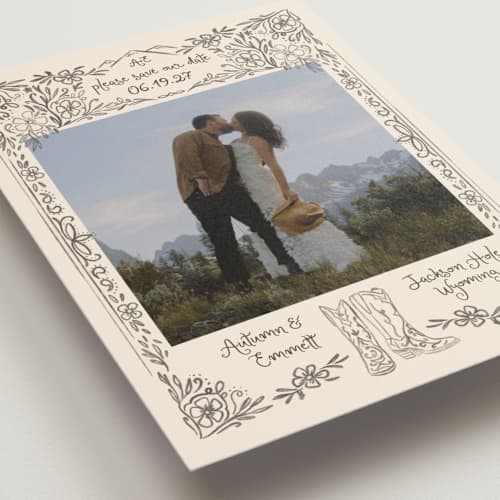 This is a leather petite save the dates with standard by Jenna Holcomb called jackson hole printing on recycled smooth signature in petite