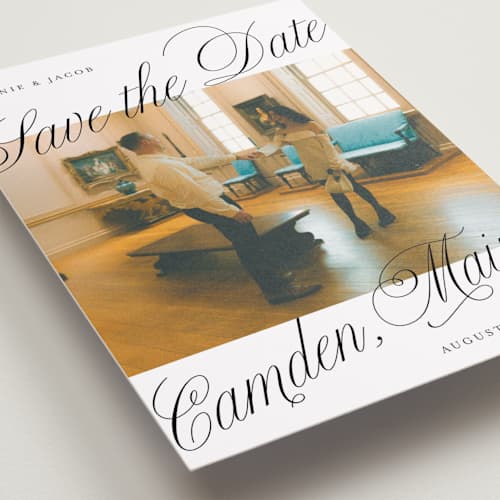 This is a snow petite save the dates with standard by Katharine Watson called bold script frame printing on recycled smooth signature in petite