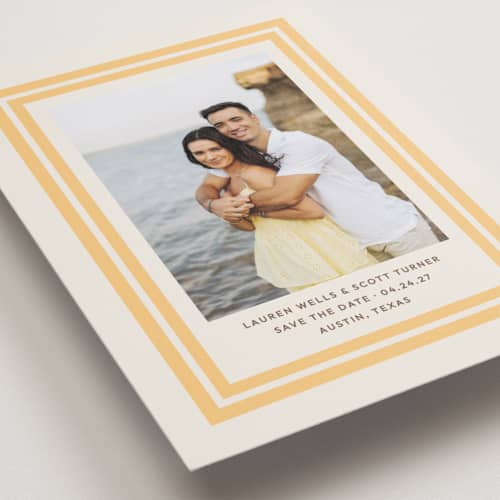 This is a sunflower petite save the dates with standard by Megan Davis called negroni printing on recycled smooth signature in petite